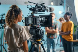 A behind-the-scenes look at a film set, showcasing a camera operator filming two actors.