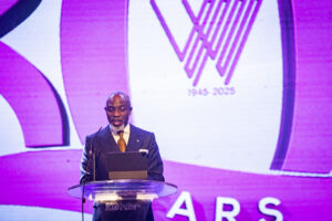 MDCEO, Wema Bank PLC, Moruf Oseni, addressing esteemed guests at Wema Bank's 80th anniversary gala event.