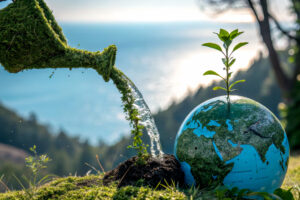A moss-covered watering can pours water onto a small plant growing next to a globe covered in greenery, symbolizing environmental care and sustainability.